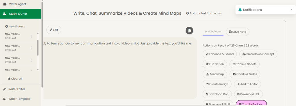 Screenshot van de studie- en chatfunctie op het Wordwriter AI-dashboard.