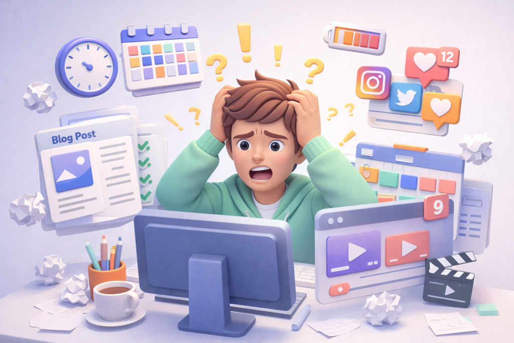 ein Social-Media-Content-Creator, der bei der Arbeit frustriert ist